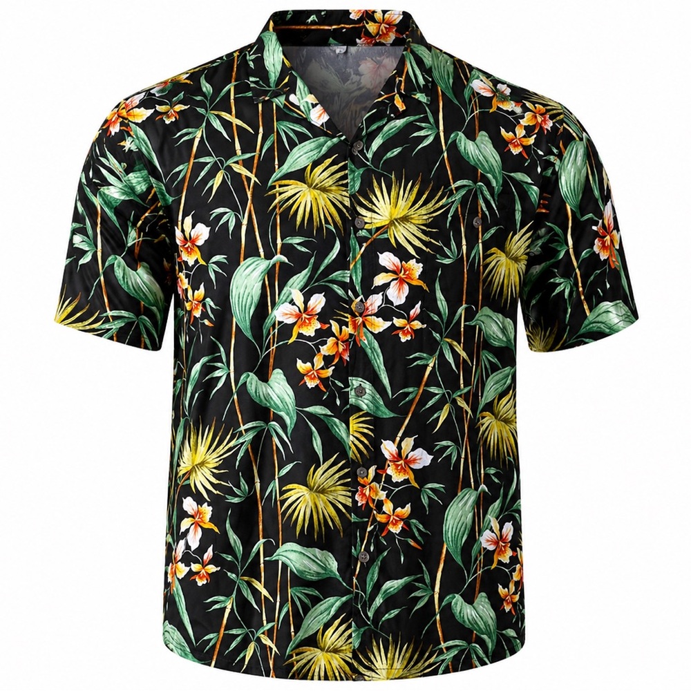 Island Shores Men's XL Black Tropical Floral Short Sleeve Shirt Lightweight